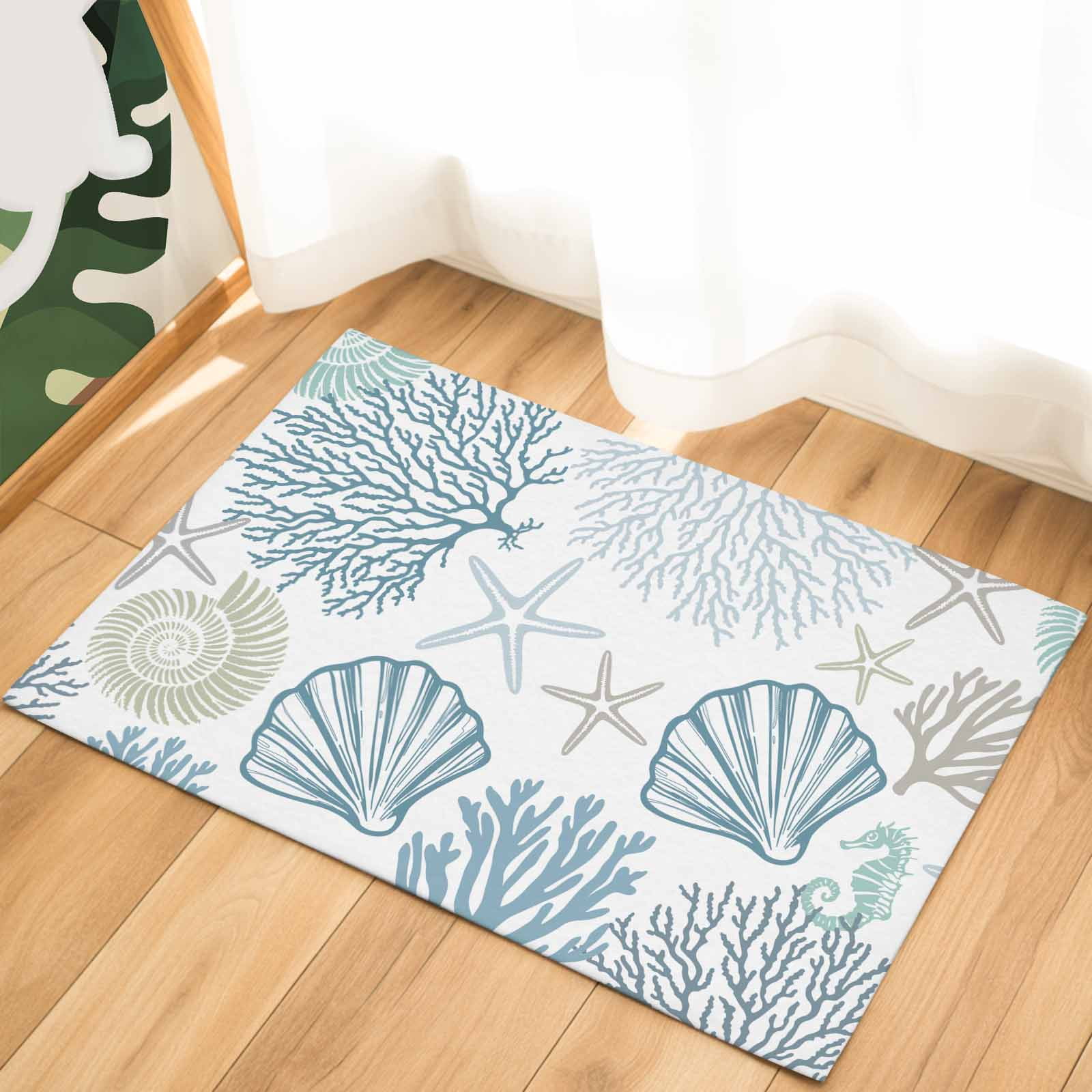 Light Blue Teal Coastal Indoor Door Mat - 16"x24", Non-Slip Welcome Mat for Outdoor, Summer Beach Coral Shell Ocean Front Doormat for Entry, Low-Profile Doormat Entrance Rug for Kitchen/Bathroom