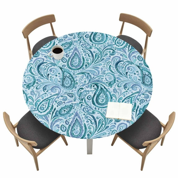 Light Blue Teal Fitted Tablecloth with Elastic Edged, Round Table Cloth for Dining Table, Retro Botanical Abstract Art Waterproof Oil Proof Table Cover for Indoor Outdoor 55"-60"