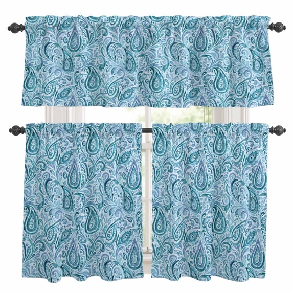 Light Blue Teal Kitchen Curtains Sets for Windows 24 Inch Length, Retro Botanical Abstract Art Rod Pocket Window Treatments Tier Curtains and Valances Set for Bedroom/Bathroom