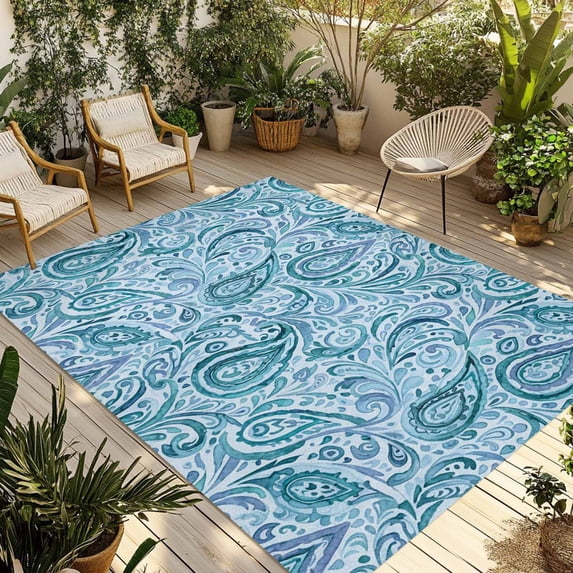 Light Blue Teal Outdoor Rug 4x6 Ft - Reversible Patio Rug Outdoor Camping Rugs, Retro Botanical Abstract Art Washable Indoor Outdoor Area Rugs, Non-Slip Outdoor Carpet Runner for Deck/Porch