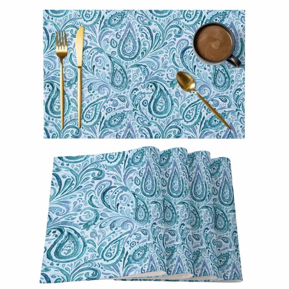 Light Blue Teal Placemats Set of 8, Retro Botanical Abstract Art Placemats for Dining Table, Place Mats for Kitchen Tabletop, Waterproof Wipeable Dining Table Mats Set