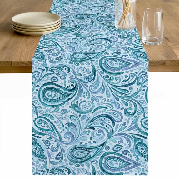 Light Blue Teal Table Runner - 108 Inch Long Retro Botanical Abstract Art Cotton and Linen Blended Dress Scarves Farmhouse Table Runner for Kitchen Dining, Coffee Table, 13" x 108"