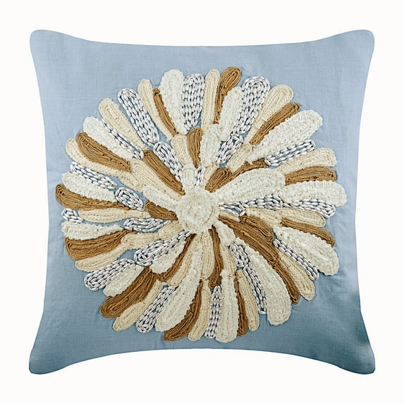 Light Blue Throw Pillow Cover Couch, Beaded Jute Dahlia Flower Pillow Cover, 14x14 inch (35x35 cm) Throw Pillow Cover, Square Cotton Linen Pillow Cover, Floral - Flower Bud