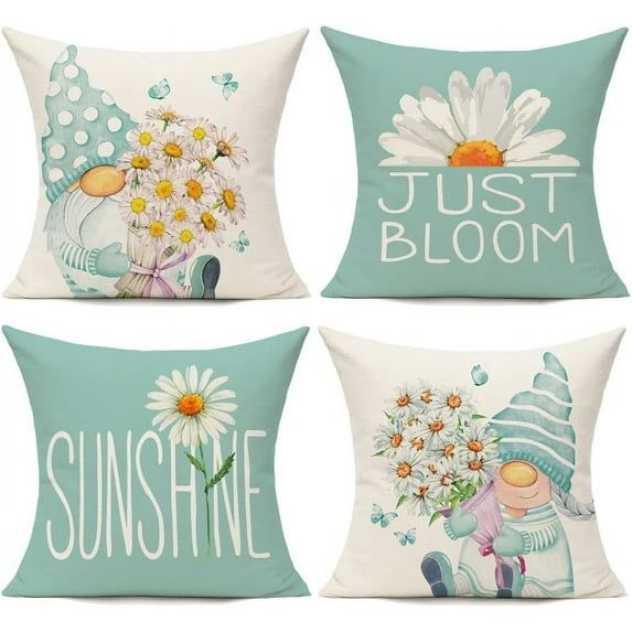 Light Blue Throw Pillow Covers 16x16 Set of 4 Outdoor Spring Summer Decorative Cushion Cases Home Décor Decorations for Patio Couch Chair Sofa,Daisy Floral Gnomes
