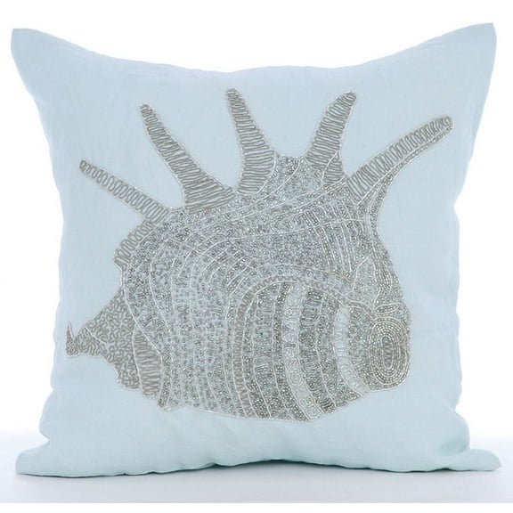 Light Blue Throw Pillow Covers, Beaded Sea Shells Sea Creatures Ocean & Beach Style Theme Pillows Cover, 18x18 inch (45x45 cm) Pillow Cover, Square Cotton Linen Pillowcase - Lone Shell