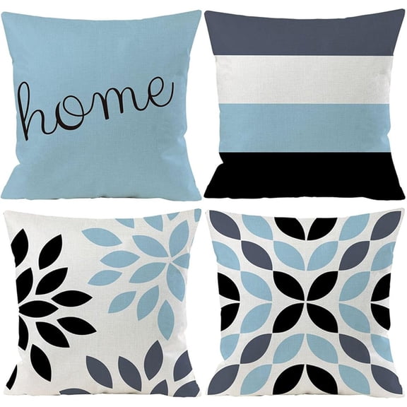 Light Blue Throw Pillows Covers for Bed Set of 4 Geometric Sky Blue Abstract Decorative Throw Pillow Case Outdoor Square Linen Cushion Cover 18 x 18 inch for Living Room Couch Sofa Home Decor