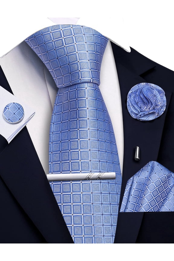 Light Blue Ties for Men Plaid Checkered Tie Set Silk Necktie Pocket Square Handkerchief Cufflinks Lapel Pin Tie Clip