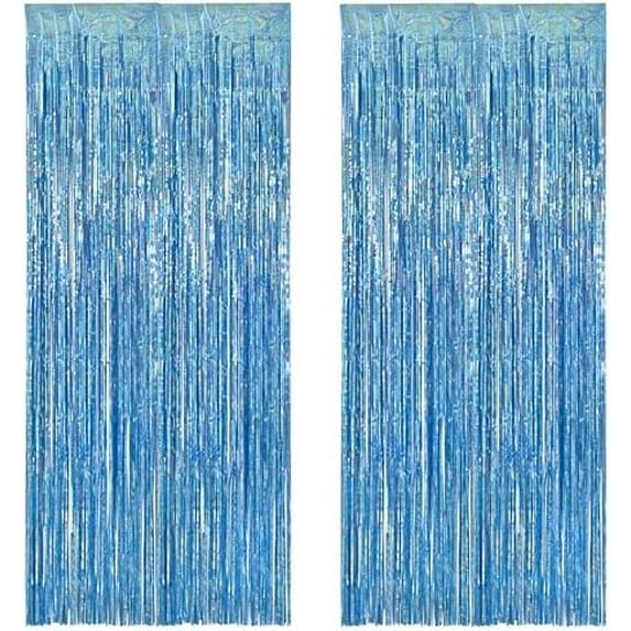 Light Blue Tinsel Foil Fringe Curtains - 2Pcs 3.2x8.2 ft Metallic Holiday Streamers Backdrop for Christmas/Winter’s Snowflake/Frozen/Birthdays/Mermaid/Bachelorette/Engagement Party Decor