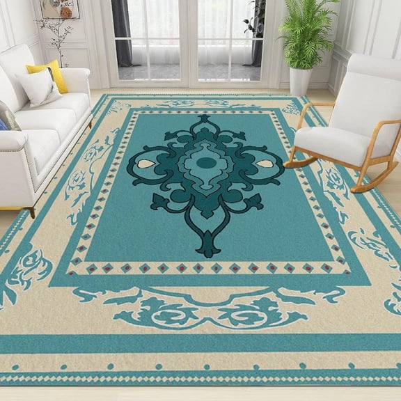 Light Blue Tones Retro Oriental Area Rug, Turkish Style Floral Pattern Office Rug Soft Short Pile Non-Slip Non-Shedding Washable Kitchen Decor Carpet for Bedroom Bathroom 2x3ft