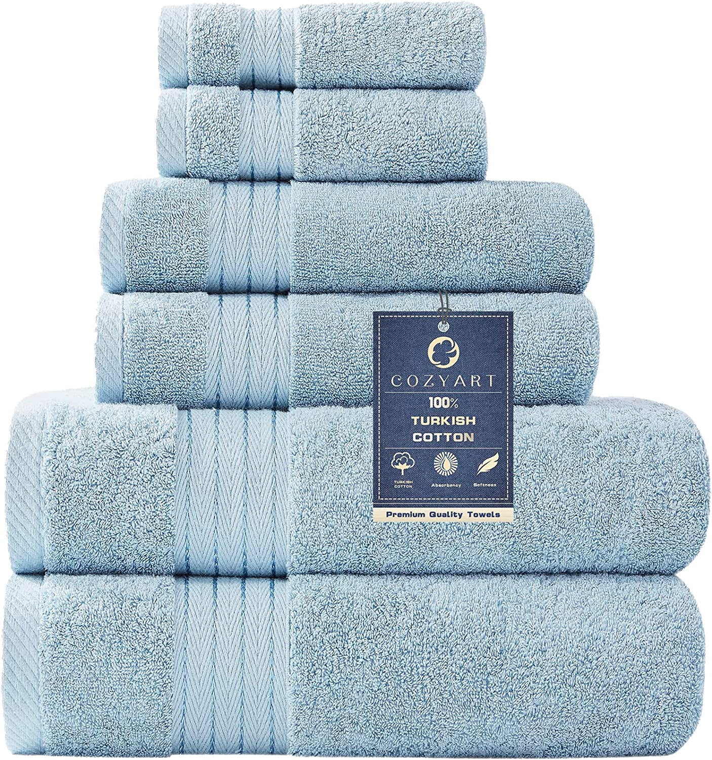 Light Blue Towels Sets for Bathroom 6Pcs, Turkish Cotton Bath Towels Set Soft Highly Absorbent&Durable 650SM Luxury Bath Towel Sets with 2 Bath Towels, 2 Hand Towels, 2 Washclothes