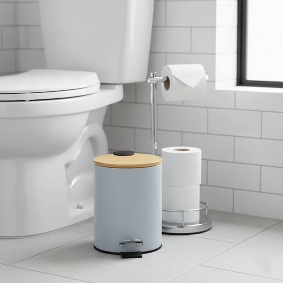 Light Blue Trash Can with Bamboo Lid and Pedal, 2.5L Capacity