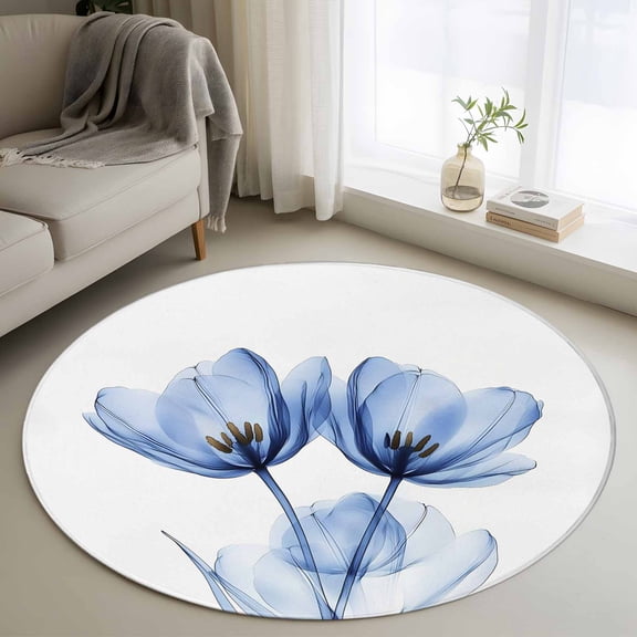 Light Blue Tulip 3ft Area Rug, Farmhouse Abstract Elegant Flowers Washable Non-Slip Small Round Rugs for Entryway Bedroom Kitchen, Soft Circle Carpet for Dining Room, Playroom Nursery Rug