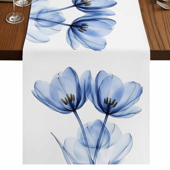 Light Blue Tulip 48 Inch Table Runner, Farmhouse Abstract Elegant Flowers Farmhouse Dresser Scarf Cotton & Linen Tablerunner for Dining/Kitchen Island/Holiday Party Décor 13" x 48"