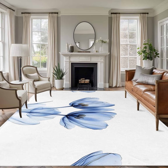 Light Blue Tulip 6'x9' Area Rug for Living Room, Farmhouse Abstract Elegant Flowers Non-Slip Floor Mat Rugs for Bedroom Dining Room, Indoor Large Carpet for Classroom, Nursery Rugs for Playroom
