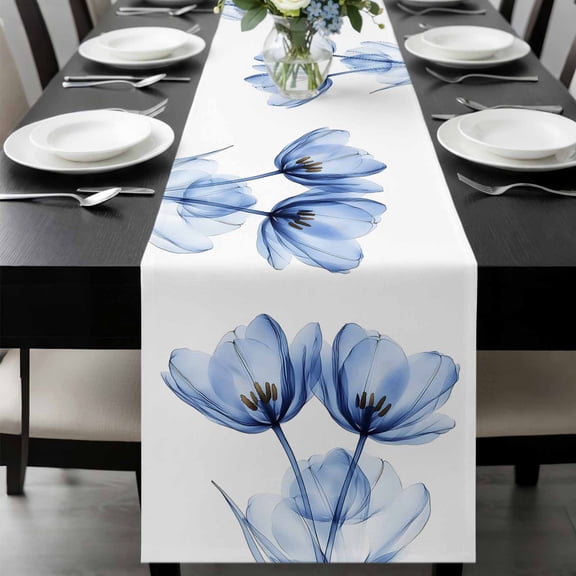 Light Blue Tulip Table Runner 36 Inches Long, Farmhouse Abstract Elegant Flowers Kitchen Coffee Dining Table Decoration for Home Party Birthday Wedding Home Decor 13x36 Inches