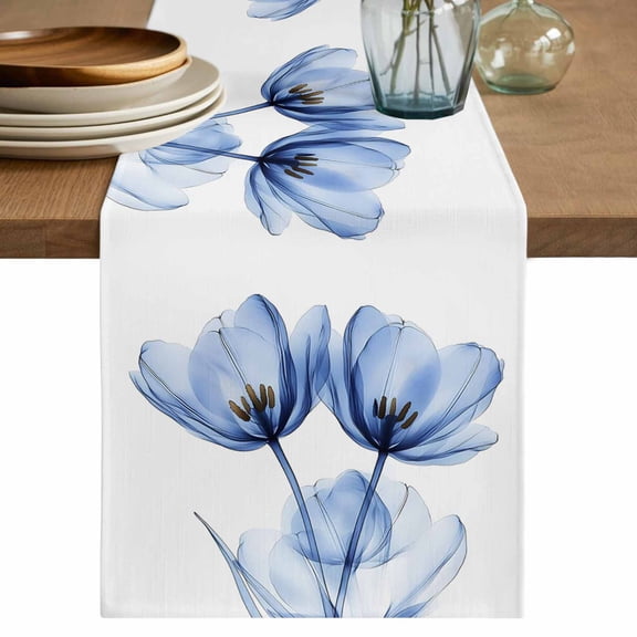 Light Blue Tulip Table Runner, Farmhouse Abstract Elegant Flowers Washable Cotton Linen Table Runners 36 Inches Long, Dresser Scarf Runner for Nightstand/End Tables/Round Tables 13''x36''