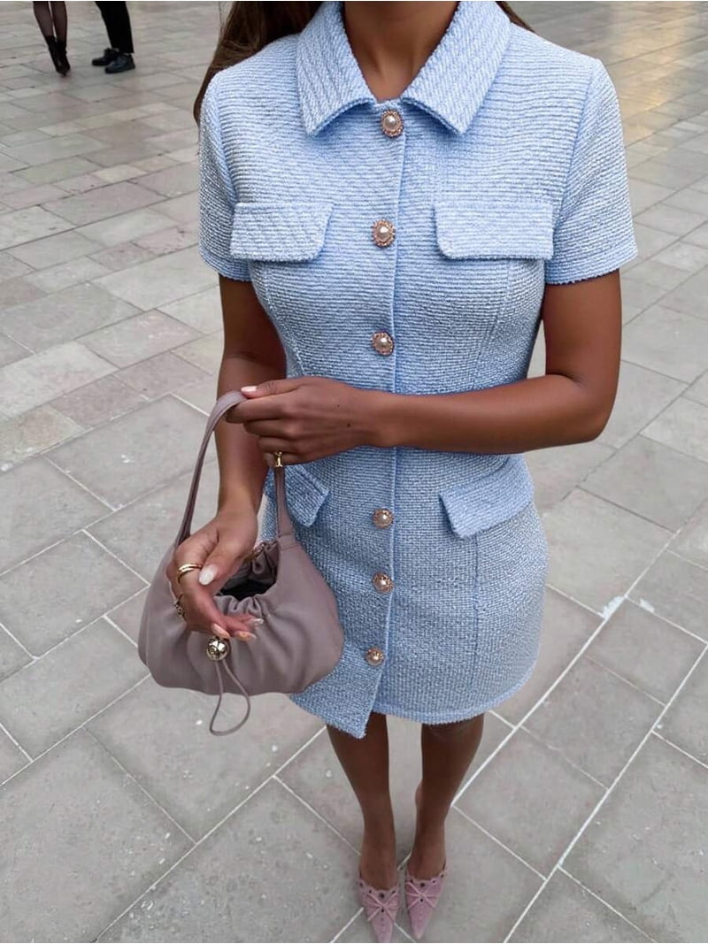 light blue tweed dress Ask You Out and a high neck for added class Ice Blue Tweed Dress B3