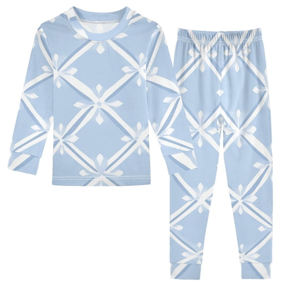 Light Blue Twill Checkerboard Cotton Pajama Set Long Sleeve Top and Pants Sleepwear Unisex 3T