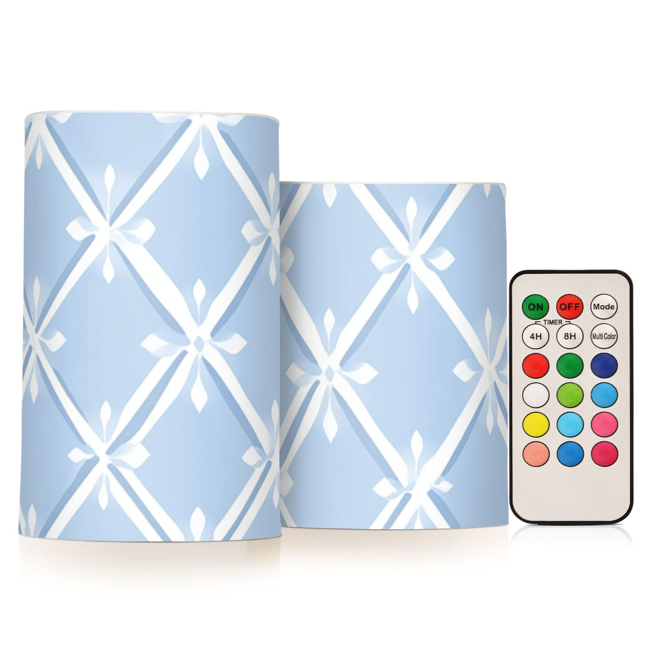 Light Blue Twill Checkerboard Flickering Flameless Candles LED Tealight Battery Operated with Remote Set of 2 Holiday Decor Ornaments