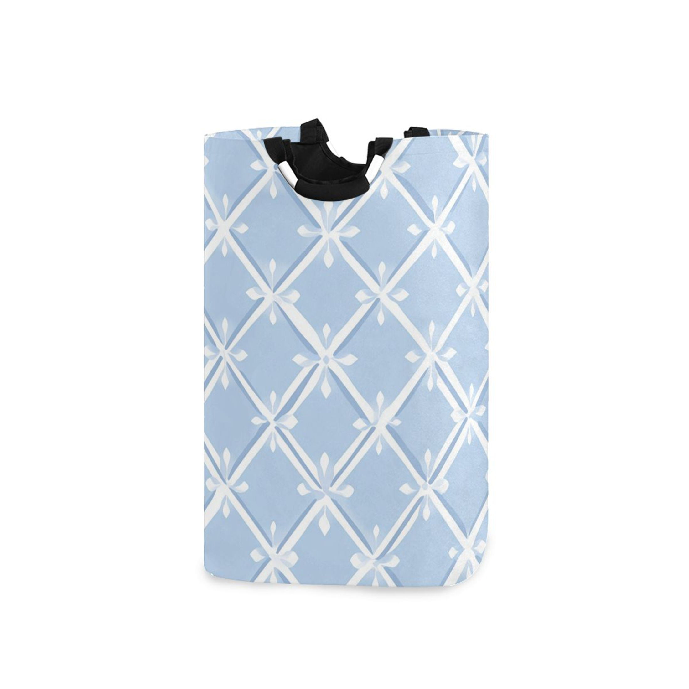 Light Blue Twill Checkerboard Laundry Basket with Handles Foldable Laundry Hamper Freestanding Washing Bin 50L