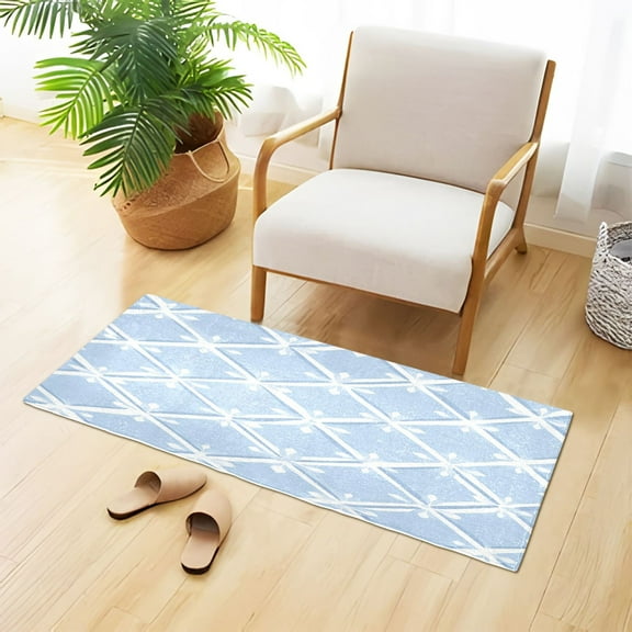 Light Blue Twill Checkerboard Plush Carpet Non Slip Runner Rug Absorbent Bath Mat 39" x 20"