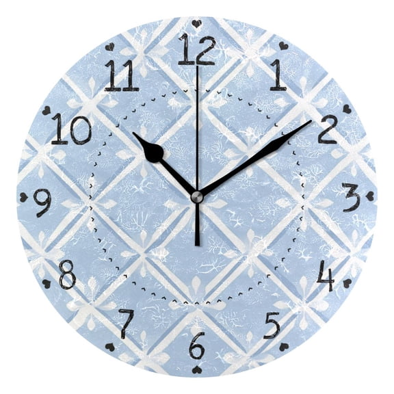 Light Blue Twill Checkerboard Round Wall Clock Silent Analog Battery Operated Black Pointer Home Decor 9.84" Diameter
