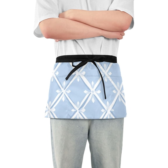 Light Blue Twill Checkerboard Short Server Apron with 3 Pockets for Unisex Chef Gardening