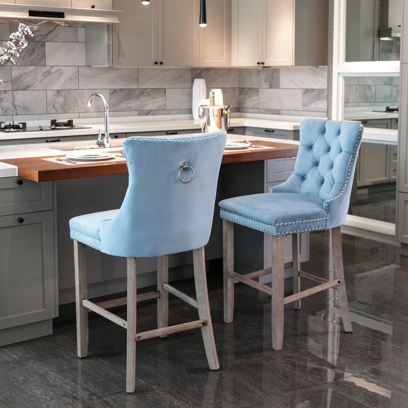 Light Blue Upholstered Bar Stools Set of 2 Counter Height Solid Wood Bar Chairs Leisure Velvet Upholstered Bar Stools with Button Tufted Decoration