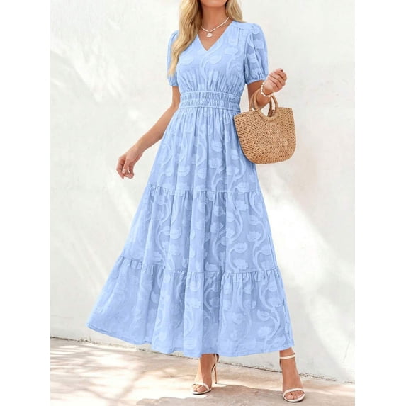 Light Blue V-Neck Short Sleeve Tiered Maxi Dress With Floral Embossing