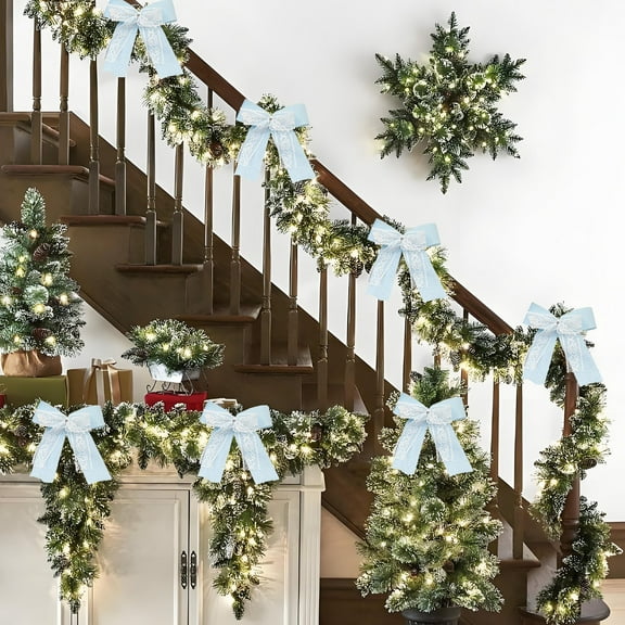 Light Blue Velvet Christmas Bow with Lace Edge, Fabric Tree Ornament for Gift Wrapping Door Handle Window Decoration, 1-Piece(Light Blue)