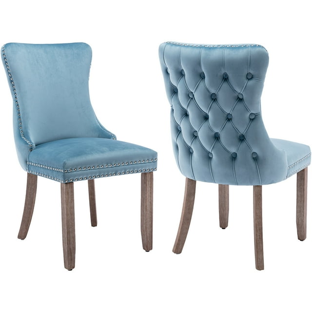 Light Blue Velvet Dining Chairs Set of 2, Kitchen & Dining Room Chairs Set of 2, Tufted Dining
