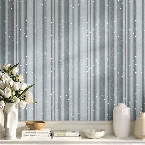 Light Blue Vertical Stripes with White Stars Wallpaper Cute Night Sky Pattern Peel and Stick Self-Adhesive Removable Wall Paper for Nursery Kids Room Bedroom Home Decor Easy to Apply Roll