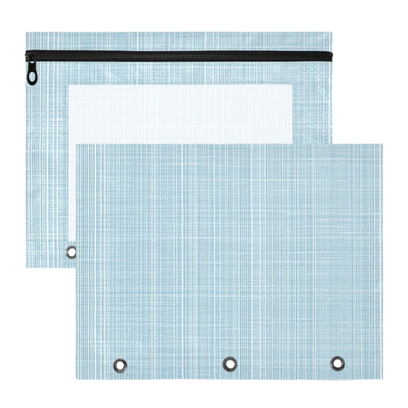 Light Blue Vertical White Lines Fabric Texture 3-Ring Binder Pouches A4 Size Zipper Pocket File Storage 2 Packs