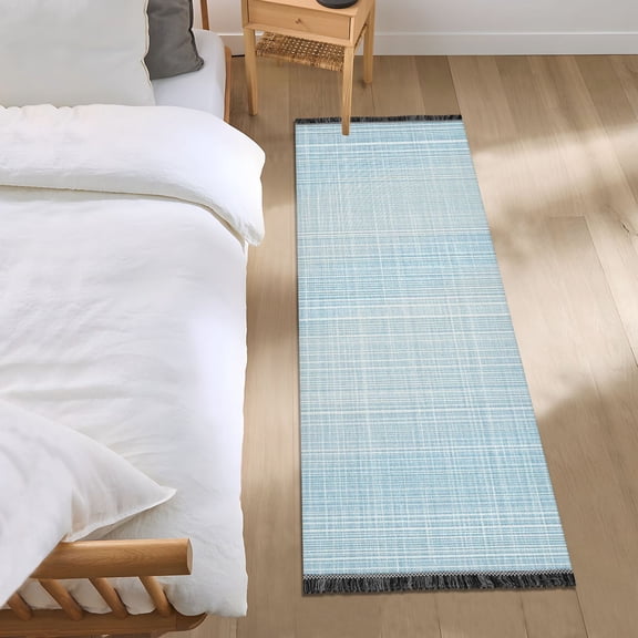 Light Blue Vertical White Lines Fabric Texture Bedside Runner Rug 2'x 6' Non Slip Carpet Floor Mat Area Rug