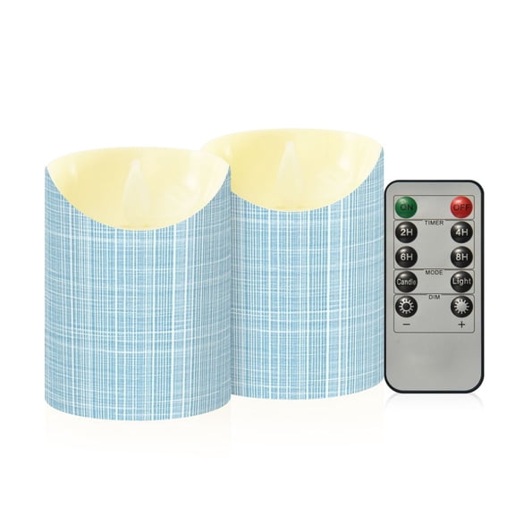 Light Blue Vertical White Lines Fabric Texture Flickering Flameless Candles with Remote Timer Battery Operated LED Tealight Set of 2 S