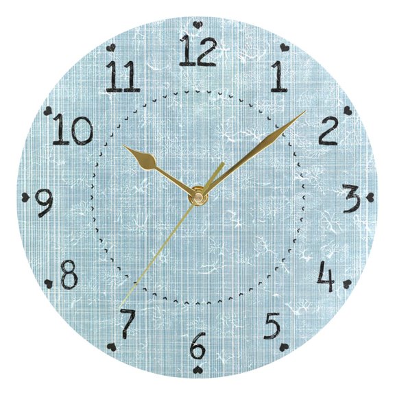 Light Blue Vertical White Lines Fabric Texture Round Wall Clock Silent Analog Battery Operated Gold Pointer Home Decor 9.84" Diameter