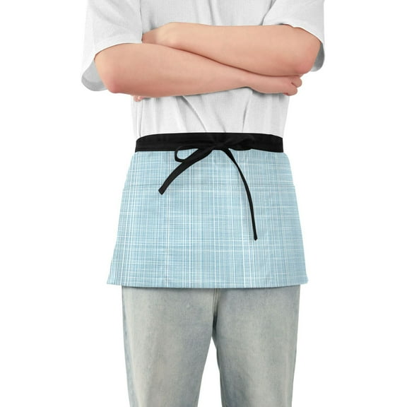 Light Blue Vertical White Lines Fabric Texture Short Server Apron with 3 Pockets for Unisex Chef Gardening