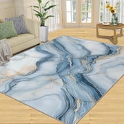 Light Blue Washable Rugs for Living Room Bedroom, Blue Marble Rug & Home Decor, Abstract Marble Area Rug Geometric Stripes Non Slip Indoor Carpet & Gifts 4 x 6ft