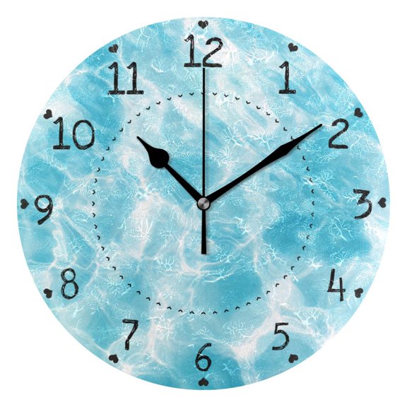 Light Blue Water Texture Round Wall Clock Silent Analog Battery Operated Black Pointer Home Decor 9.84" Diameter