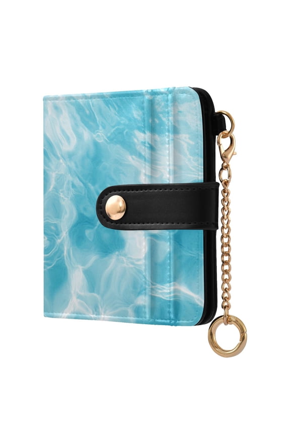 Light Blue Water Texture Women's Wallet PU Leather Card Cases RFID Blocking Purse Billfold with Key Ring