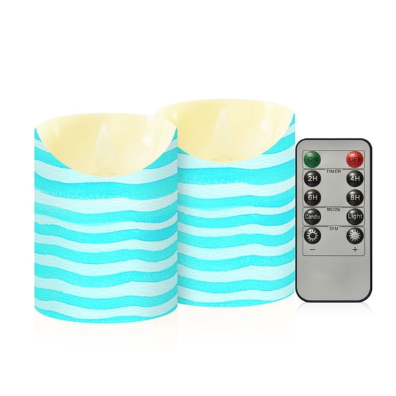 Light Blue Waves Flameless Candles 2 PCS with Remote Realistic Moving Flame LED Tapered Pillar Set for Home Decor