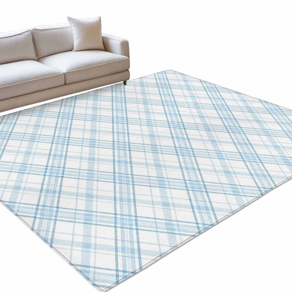 Light Blue White Checkered 5x8ft Non Slip Area Rug Modern Minimalist Watercolor Country Farm Washable Soft Area Rugs for Living Room, Indoor Circle Carpet for Bedroom Dining Room Kitchen