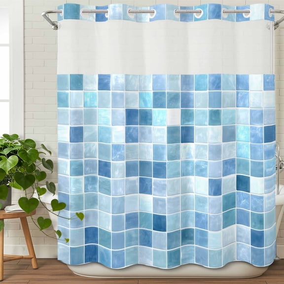Light Blue White Color Block No Hook Shower Curtain with Snap in Liner Set,Summer Ocean Watercolor Square Waterproof Fabric Shower Curtains with See Through Top Window for Bathroom,72Wx72L