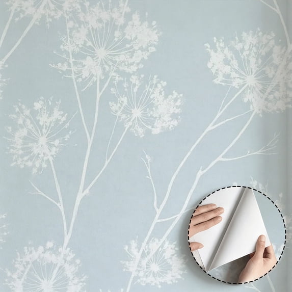 Light Blue White Dandelion Floral Wallpaper Minimalist Aesthetic Modern Self Adhesive and Removable Waterproof Wall Decor for Living Room Bedroom Bathroom Kitchen Cabinet Drawer 17.7 * 118 in