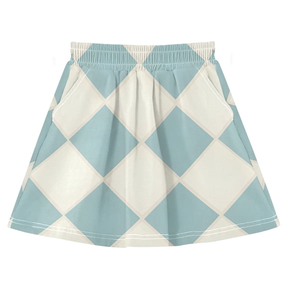 Light Blue White Diamond Pattern Cotton Skirt Built-in Liner Elastic A-Line Flared Skirt with Pockets