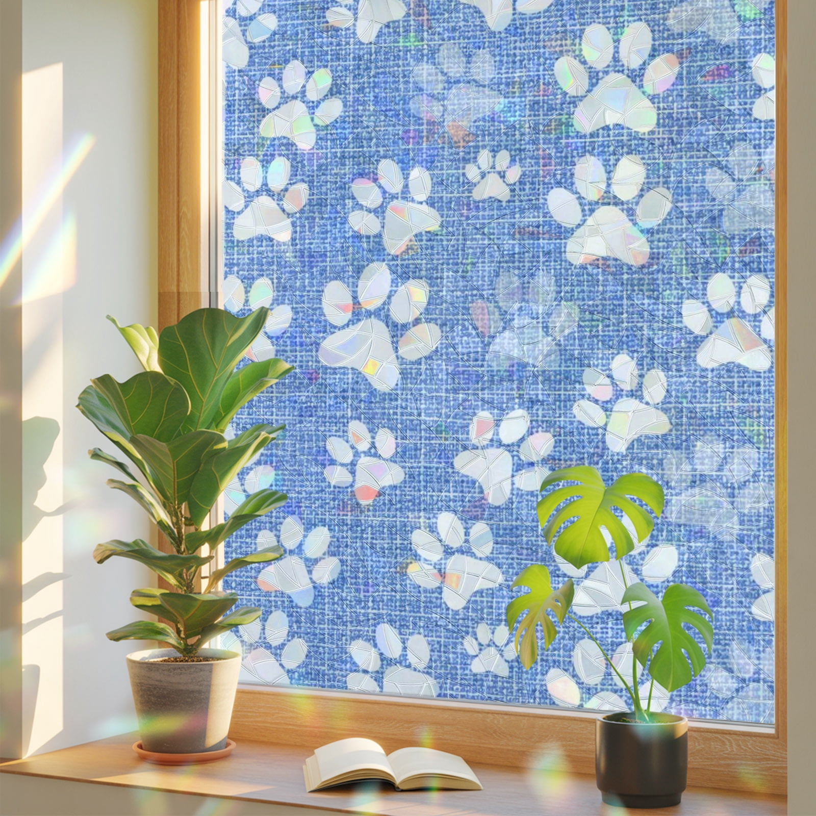 Light Blue White Dog Paw Window Privacy Film Rainbow Static Cling Stain ...