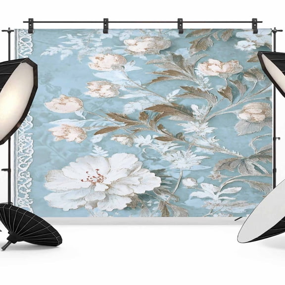 Light Blue White Floral Backdrop for Photography, Fabric Photo Background Backdrop, Retro Botanical Flower Photo Booth Background for Portrait Photoshoot Video Wedding Studio Decoration Banner 7x5ft