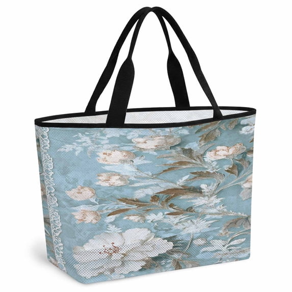 Light Blue White Floral Beach Bag for Women, Large Breathable Mesh Beach Tote Bag, Retro Botanical Flower Sandproof Lightweight Travel Bags for Vacation Picnic Swimming Pool 15.7"x15.7"x9.1"