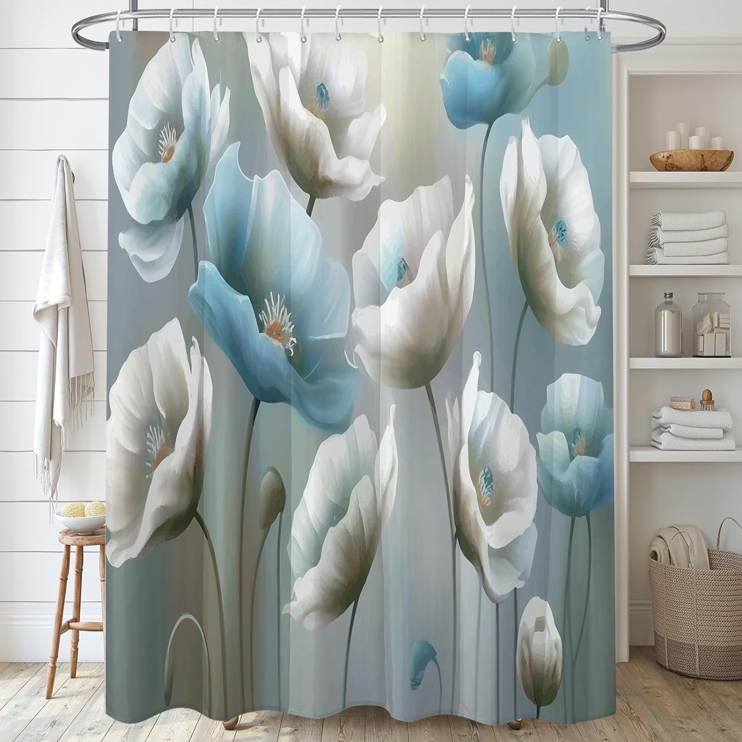 Honellaty Spring Shower Curtain Set - Blue & White Floral Vintage Design, Waterproof Fabric With Hooks, 72x84 Inches