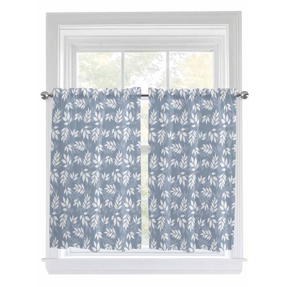 Light Blue White Leaves Kitchen Curtains 54 Inches length, Spring Pastoral Rustic Botanical Window Treatment Curtain Drapes, Decorative Window Curtains for Bedroom Cafe, 52"x54", 2 Panels